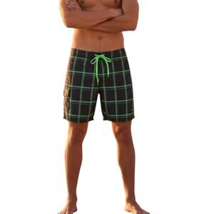 OP Men's Board Shorts Swim Trunks, Green Black Plaid, Size M